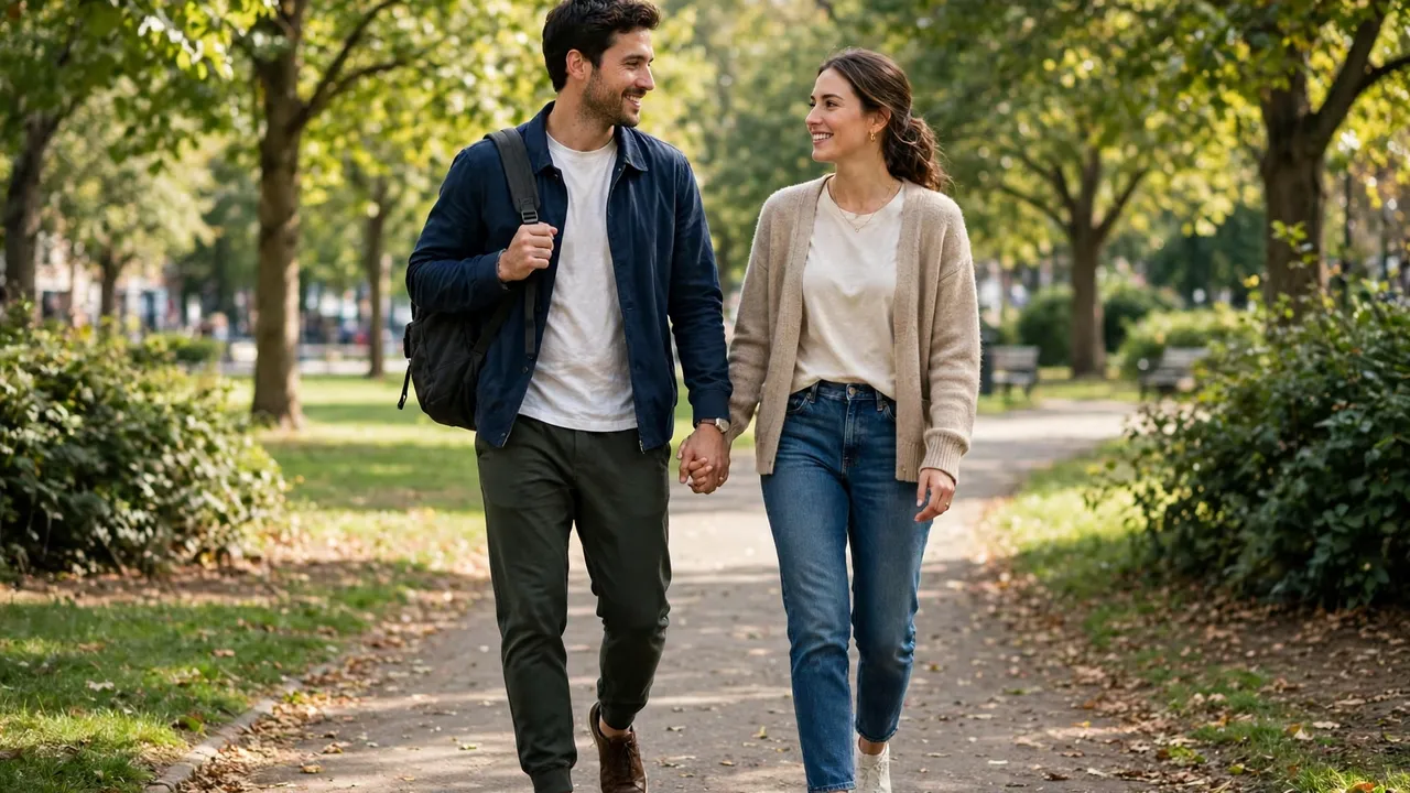 A couple walking hand in hand in a park