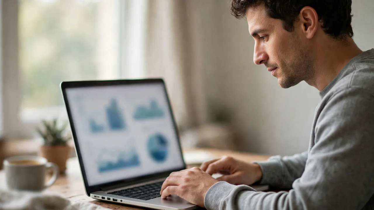 A person using a laptop showing blurred charts