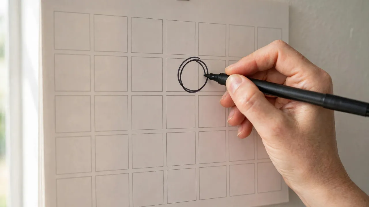 A hand circling a date on a blank wall calendar