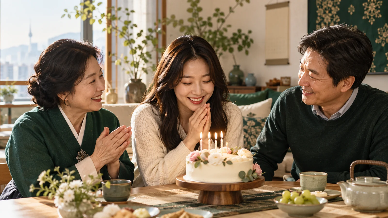 Three adult generations of a Korean family sharing a birthday gathering.