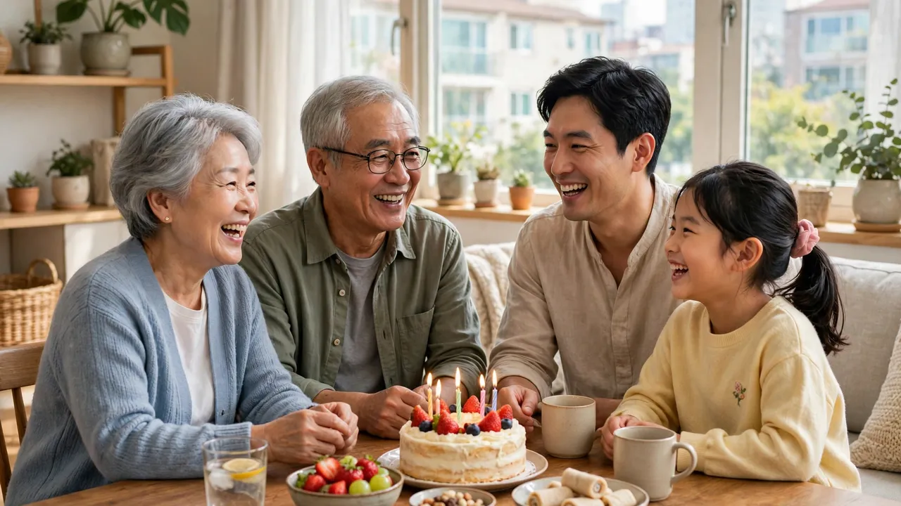 A Korean family celebrating together at home