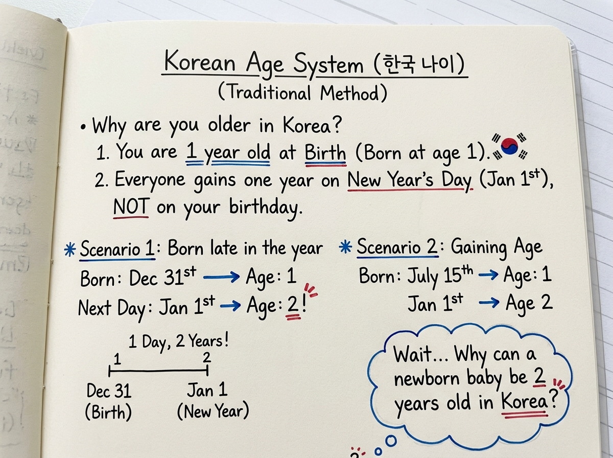 Handwritten study note explaining why a baby born December 31 becomes 2 years old on January 1