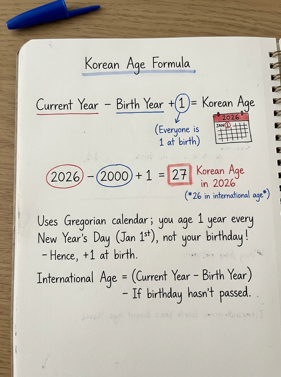 Handwritten study note illustrating the Korean age formula: Current Year minus Birth Year plus 1 equals 27