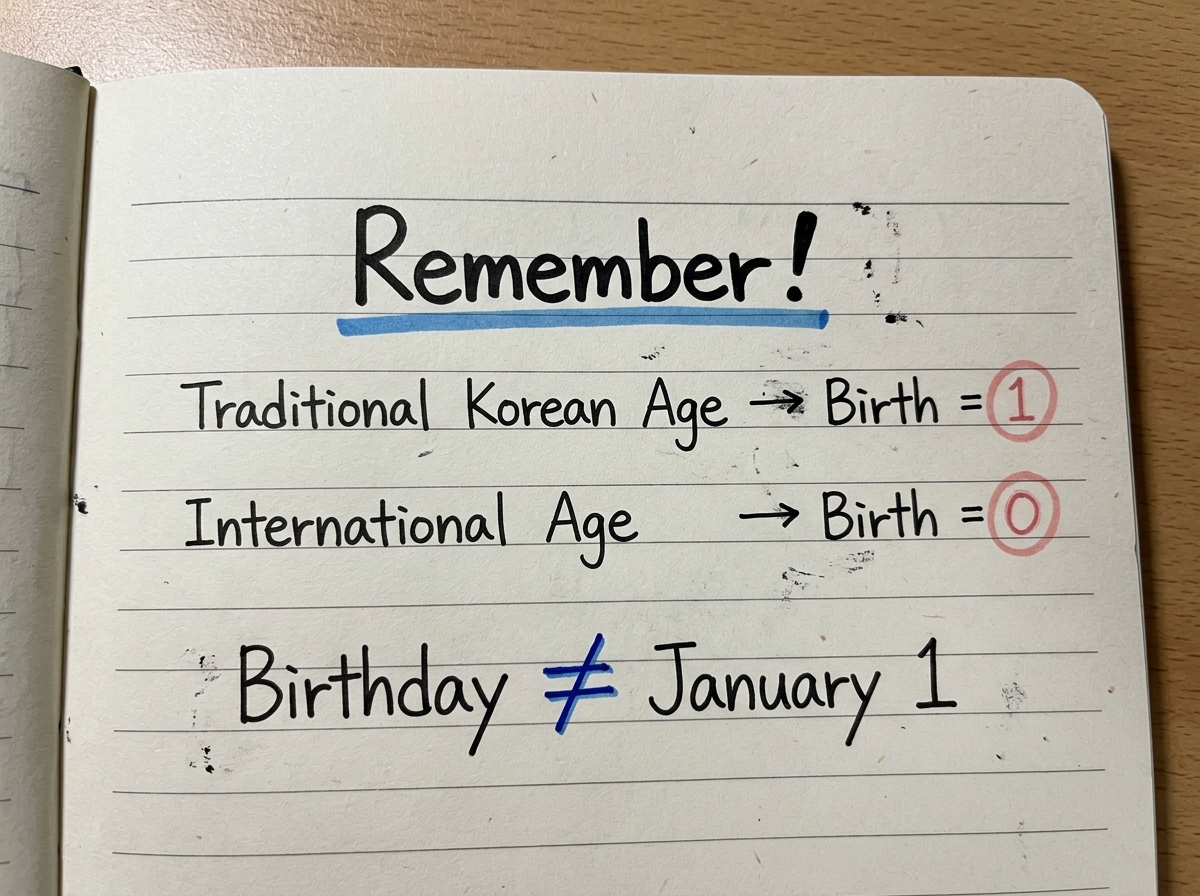 Handwritten study note outlining rules: Born = 1, Jan 1 = +1, Birthday = international +1