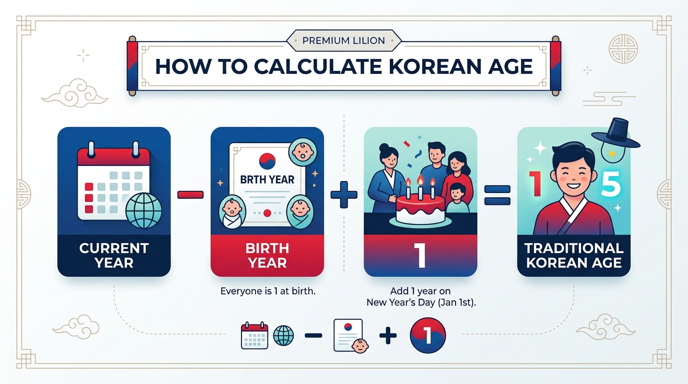 How to Calculate Korean Age editorial infographic showing Current Year minus Birth Year plus 1 formula