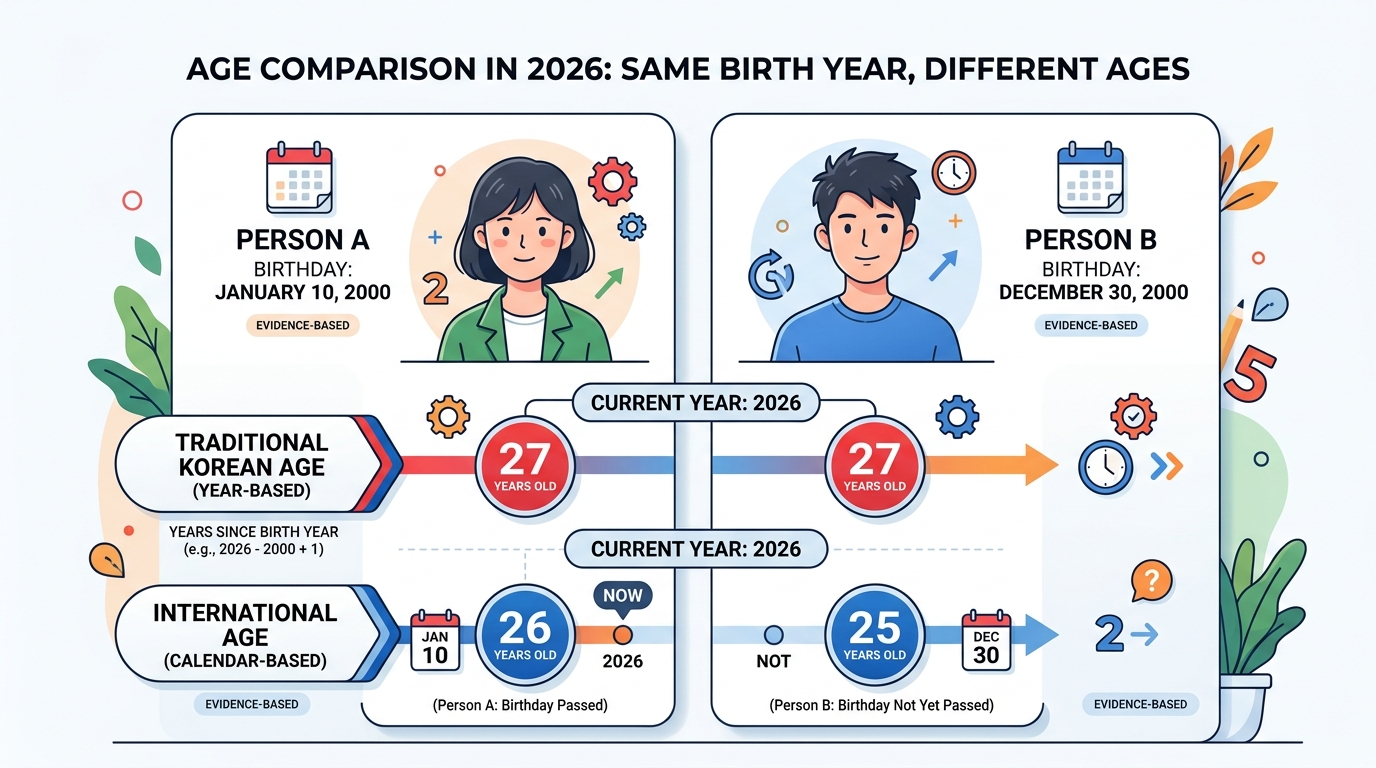 Editorial comparison infographic showing Person A born Jan 10 and Person B born Dec 30 with same Korean age 27 but different international age
