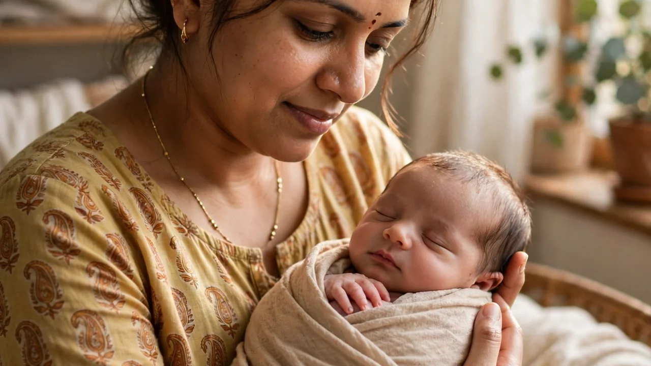 A mother holding her newborn baby in soft daylight