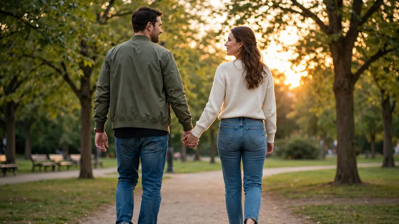 A couple holding hands walking in a park at sunset