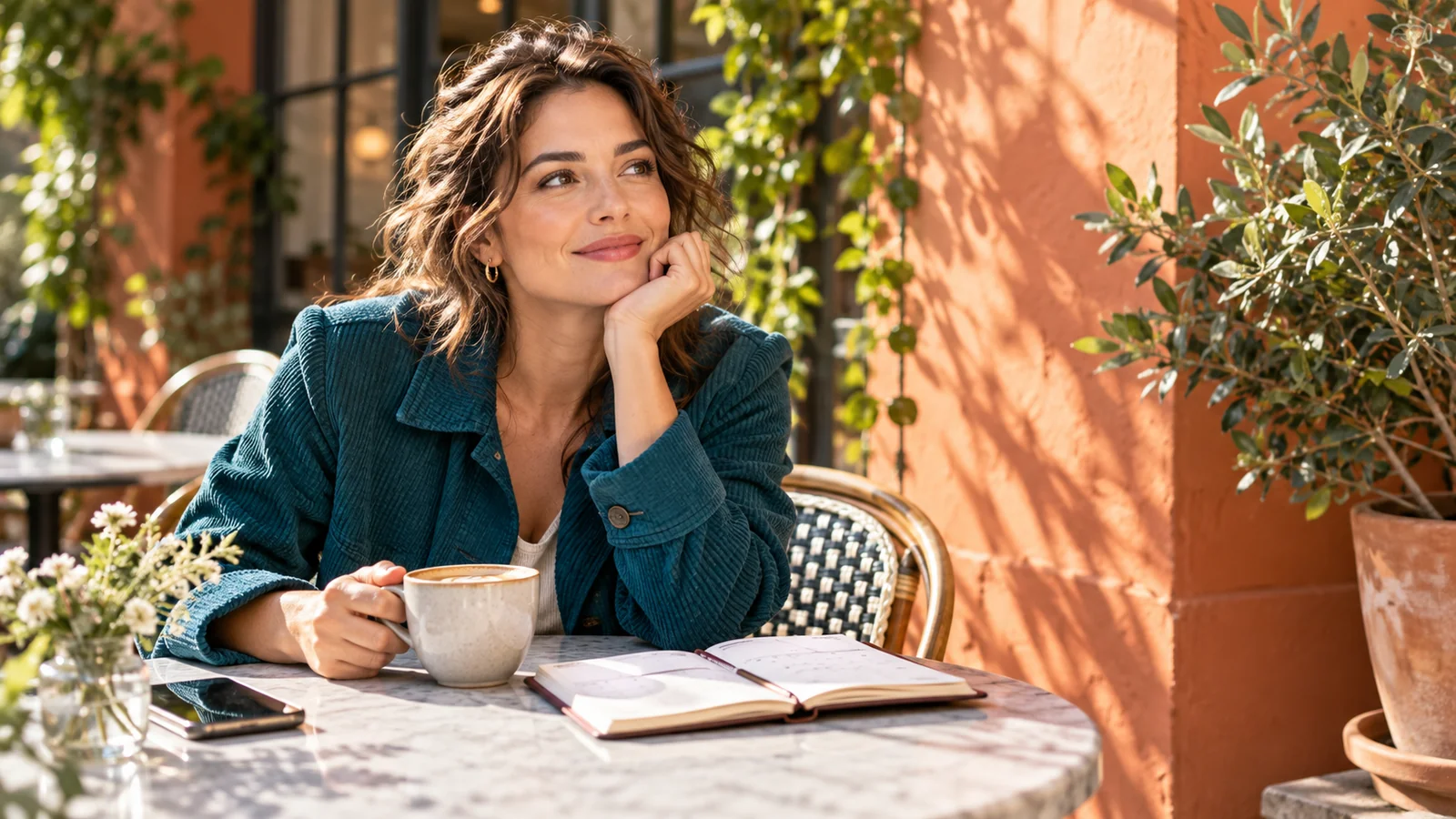 An adult woman with coffee and a date planner outside a cafe.