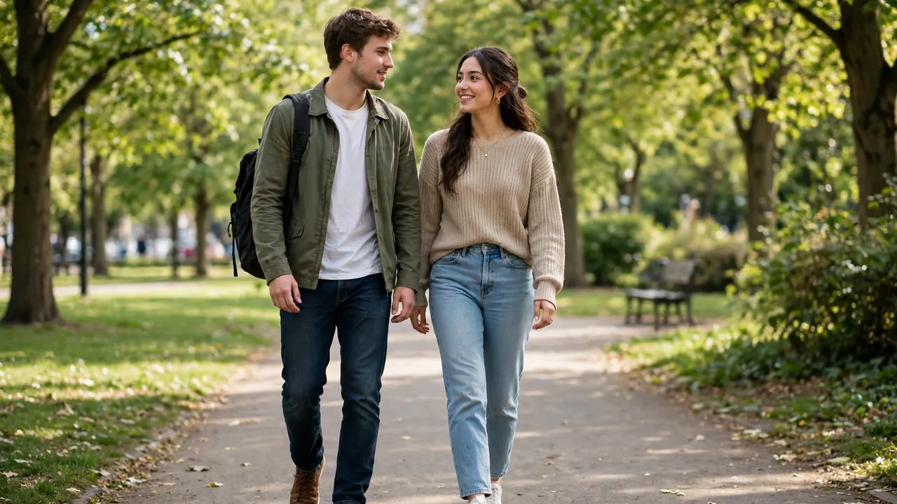 A young couple walking together in a park