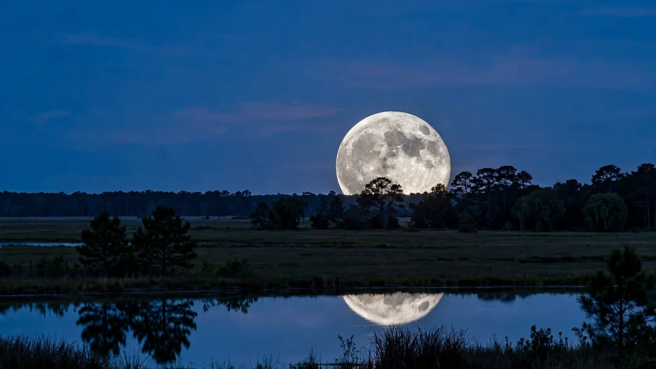 A large full Moon rising over a landscape at dusk