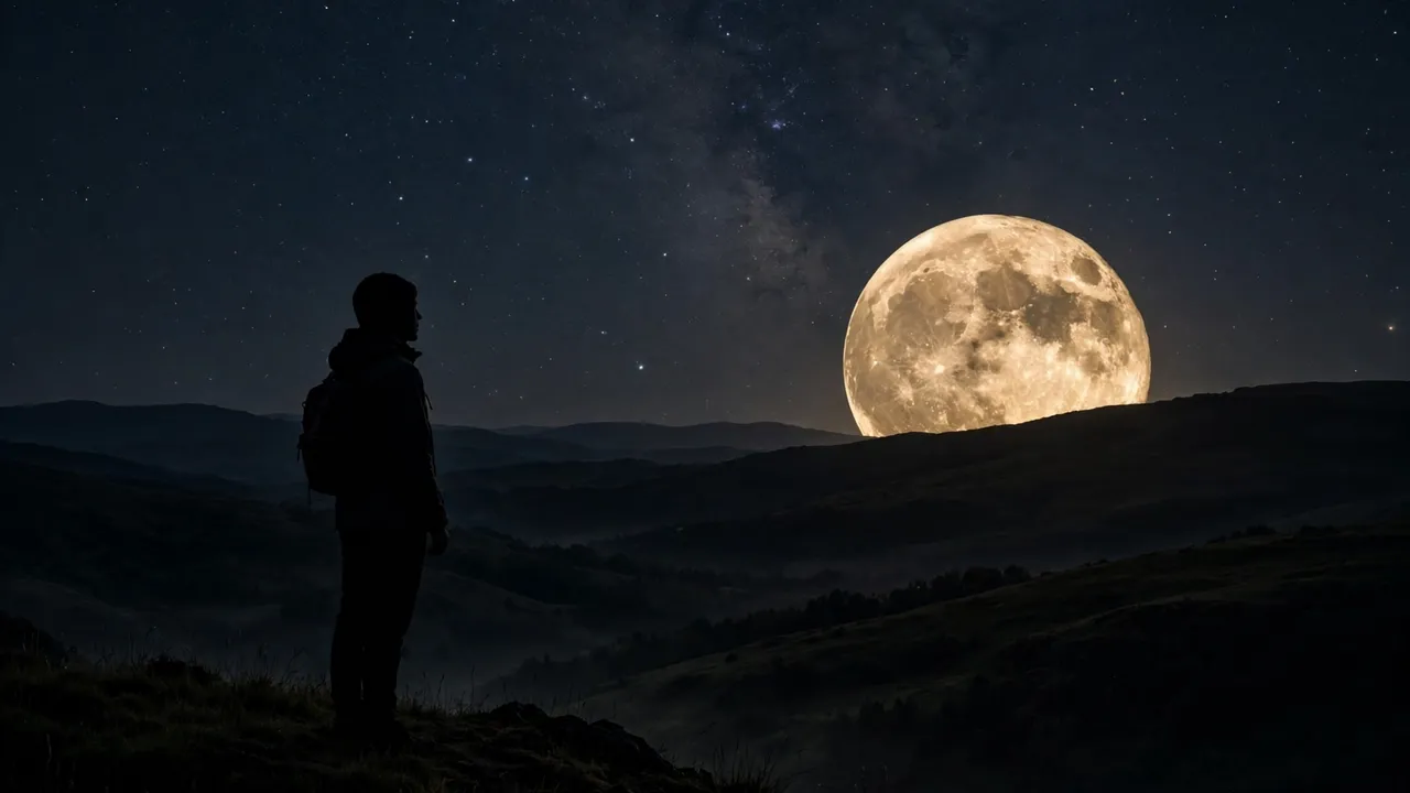 A person watching a large full Moon rise over dark hills