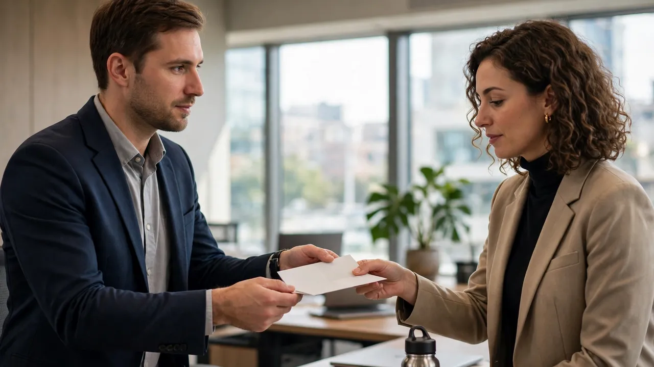 A professional handing a letter to a colleague in an office