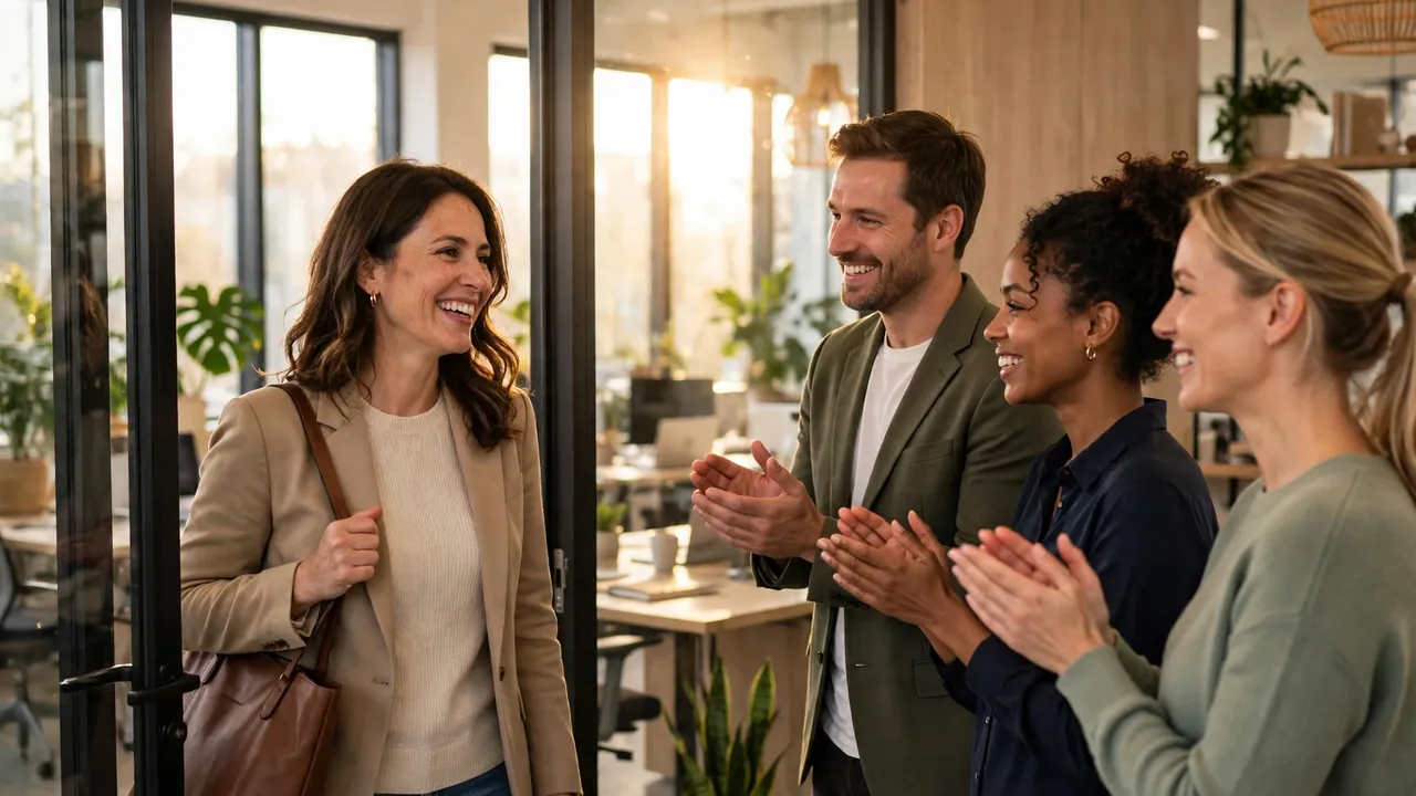 Colleagues welcoming a woman back into a bright office