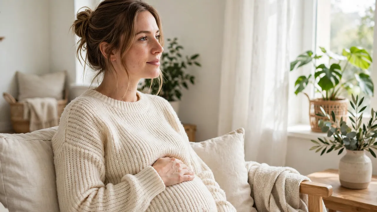 An expectant mother in a bright room