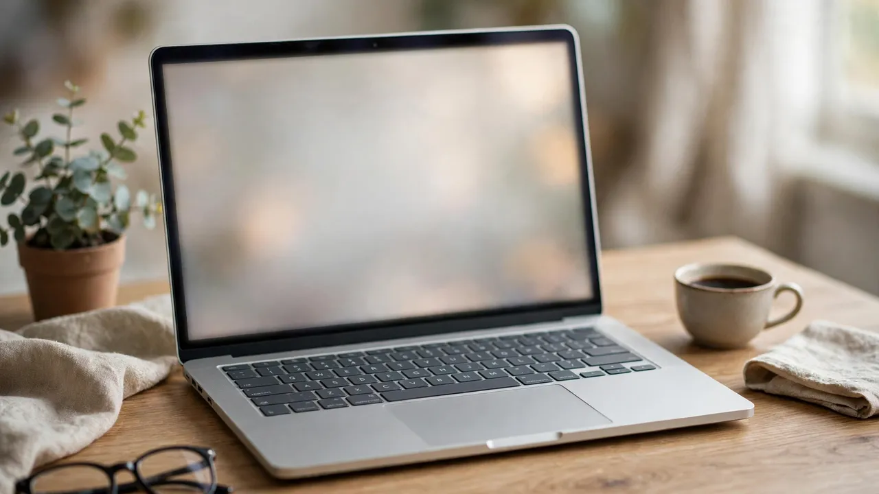 A laptop with a blurred screen on a desk