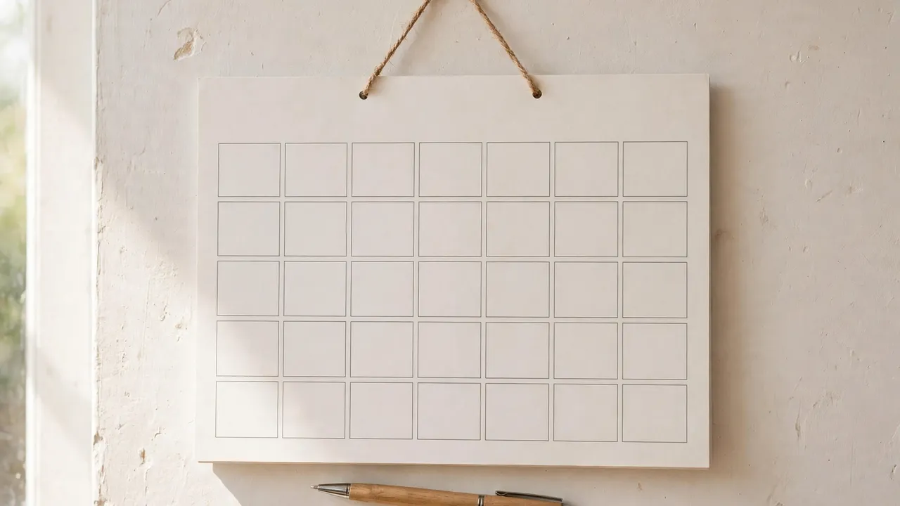 A blank wall calendar with a pen