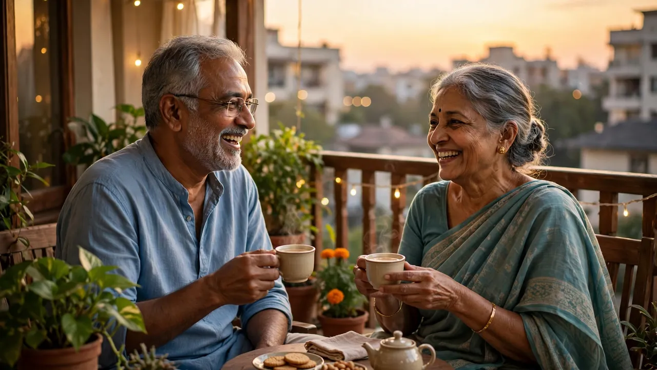 A retired couple enjoying tea on a balcony at sunset