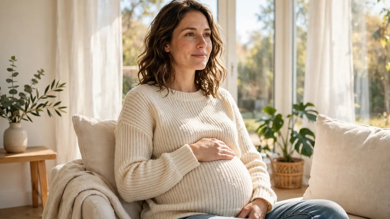 An expectant mother in a bright sunlit room