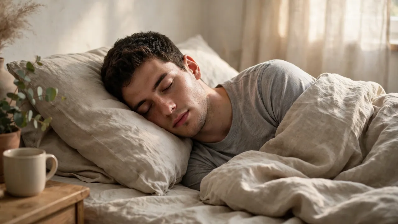 A person sleeping peacefully in a bed