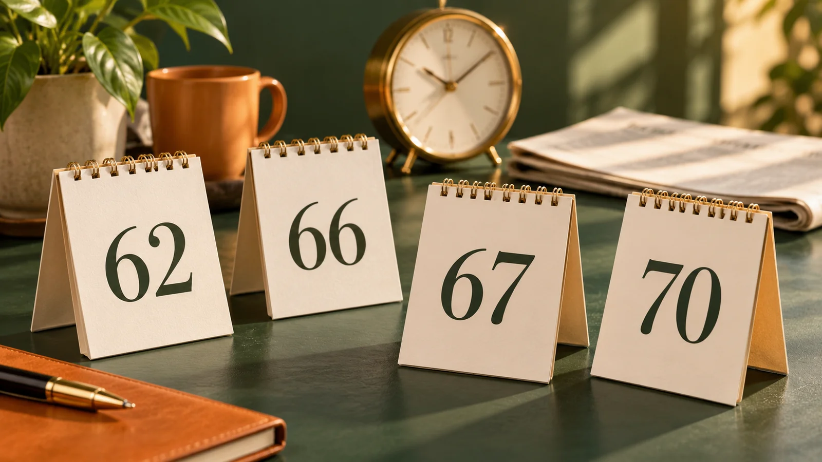 Four calendar cards showing ages 62, 66, 67 and 70 beside a clock.