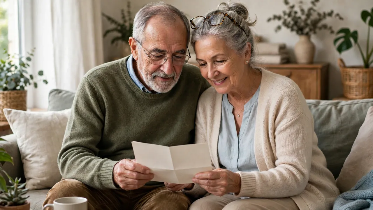 A retired couple reading a letter together at home