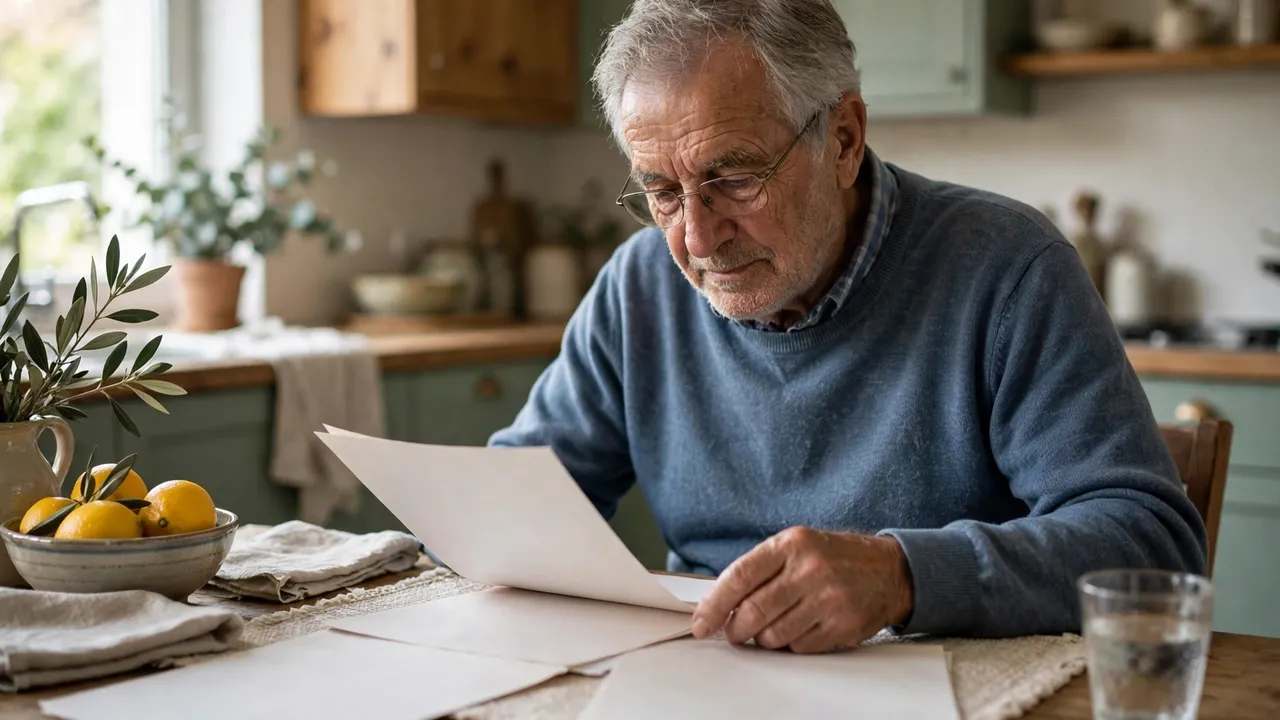 A senior reading papers at a kitchen table