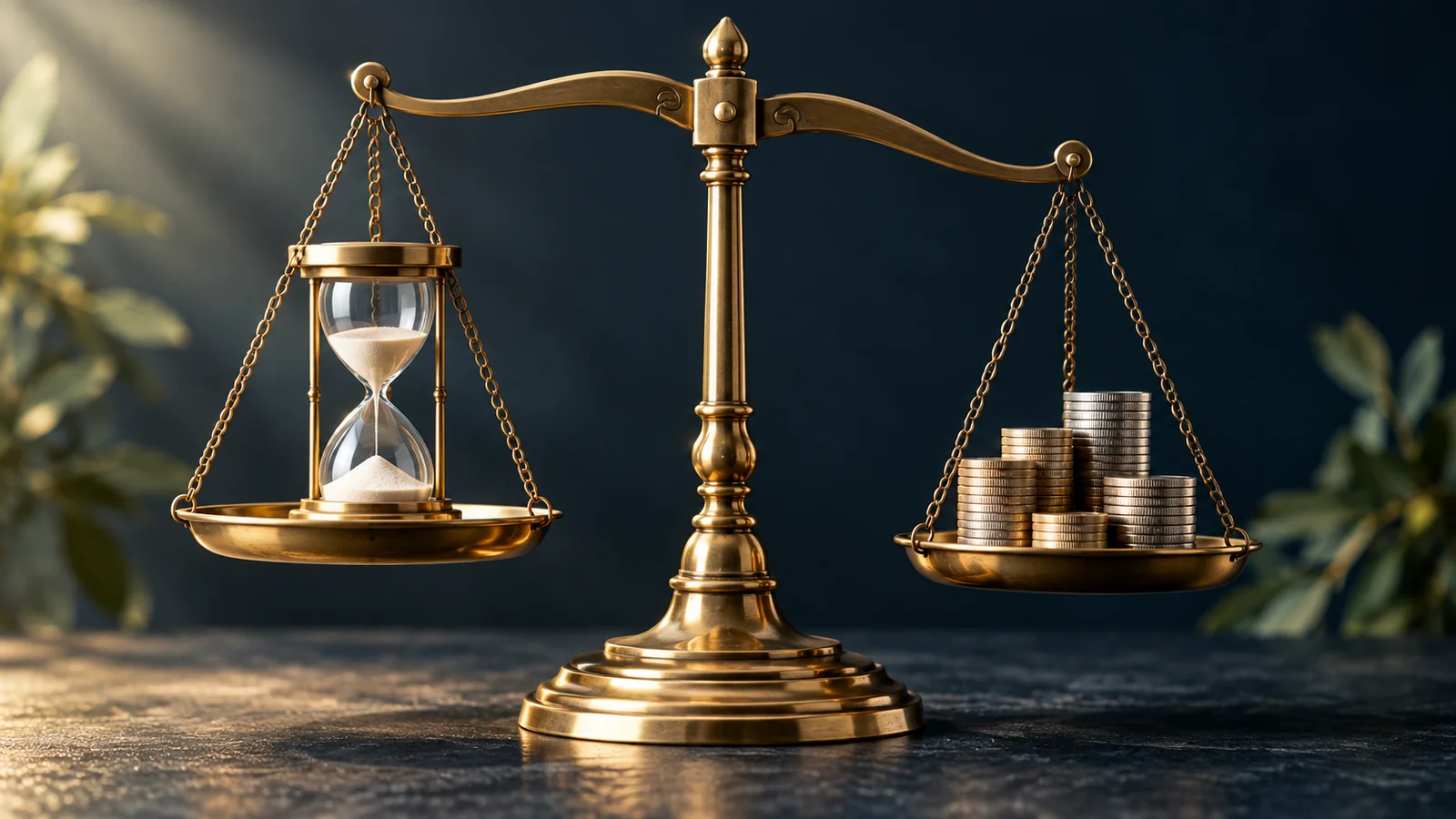A brass balance comparing an hourglass with a stack of coins.