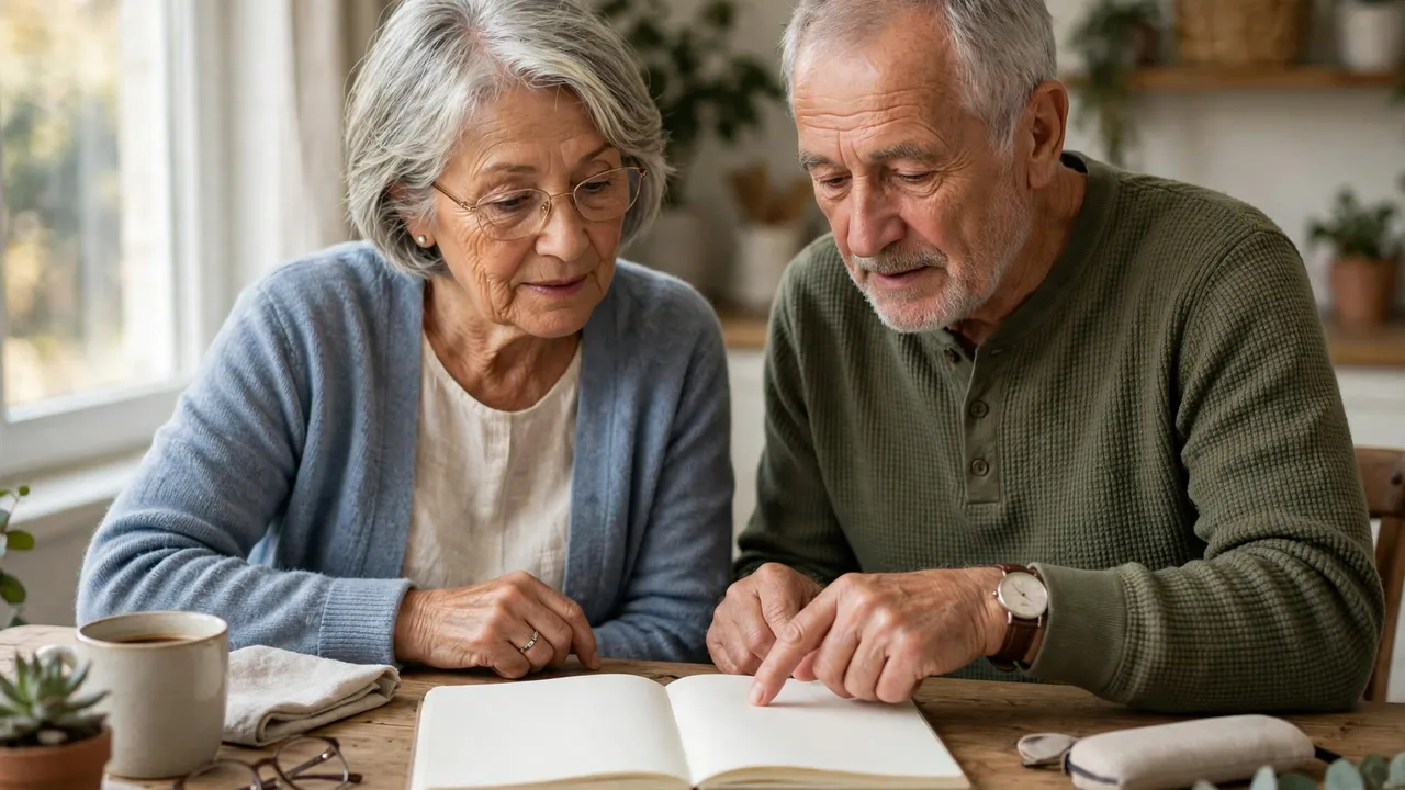 A senior couple planning at a table with a blank notebook