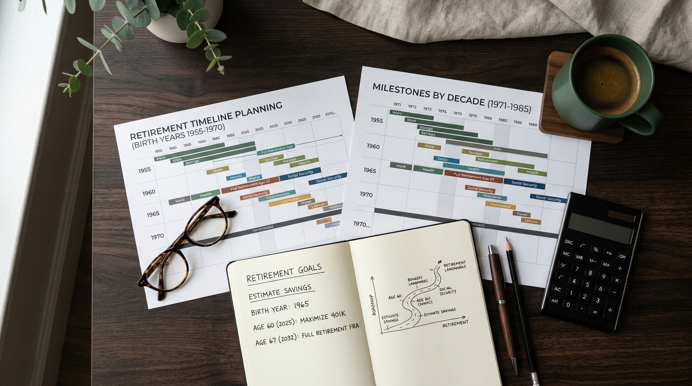 Editorial workspace for retirement timeline planning showing birth-year charts and milestone notes