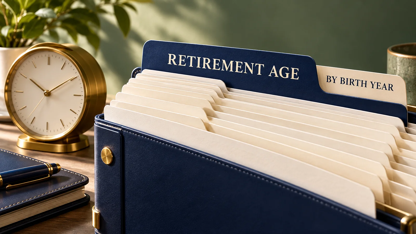 Calendar cards and a retirement planning binder representing retirement age by birth year.