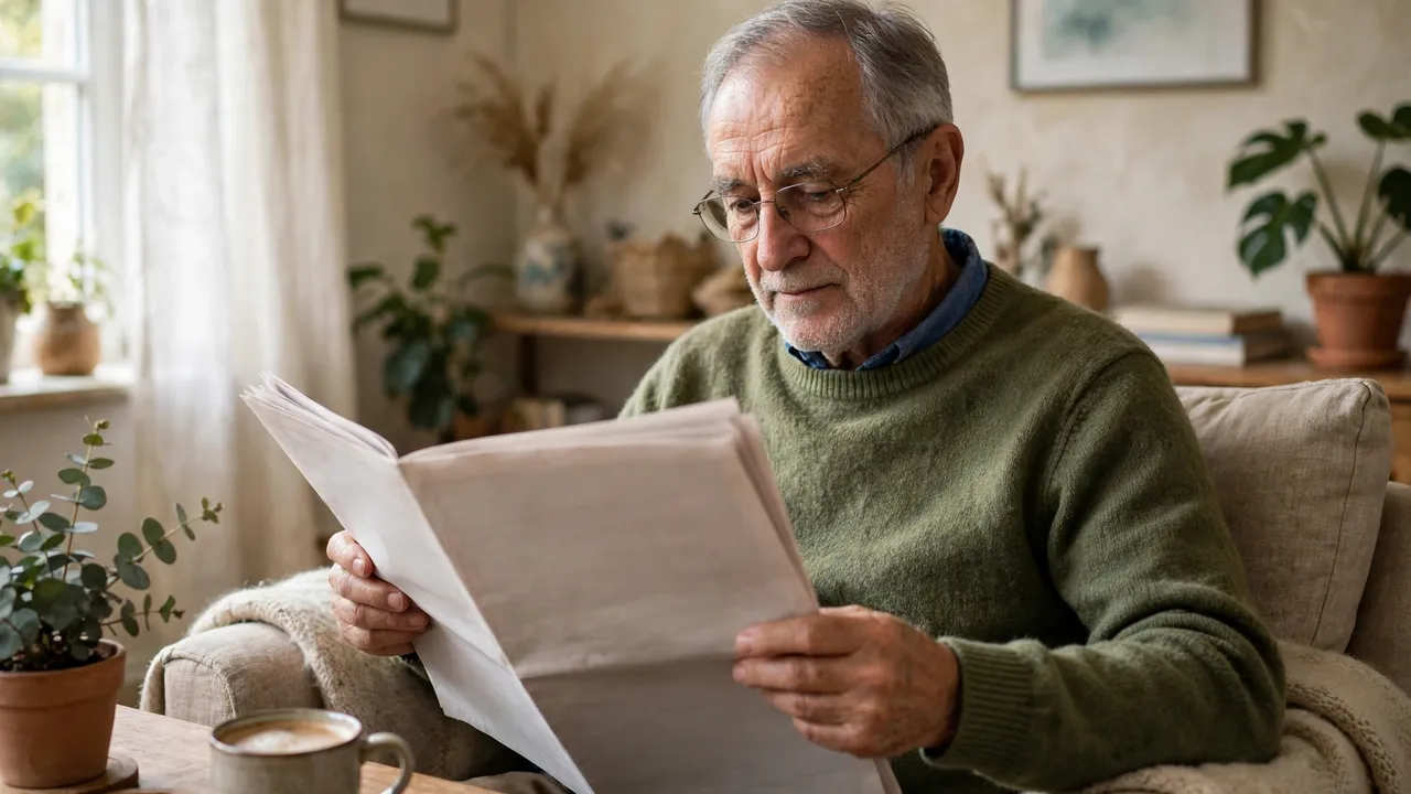 A retired man reading a newspaper at home
