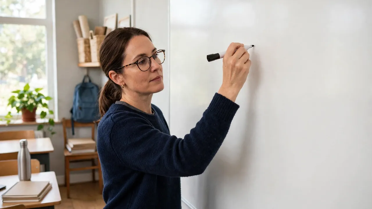 A teacher writing on a blank whiteboard in a classroom