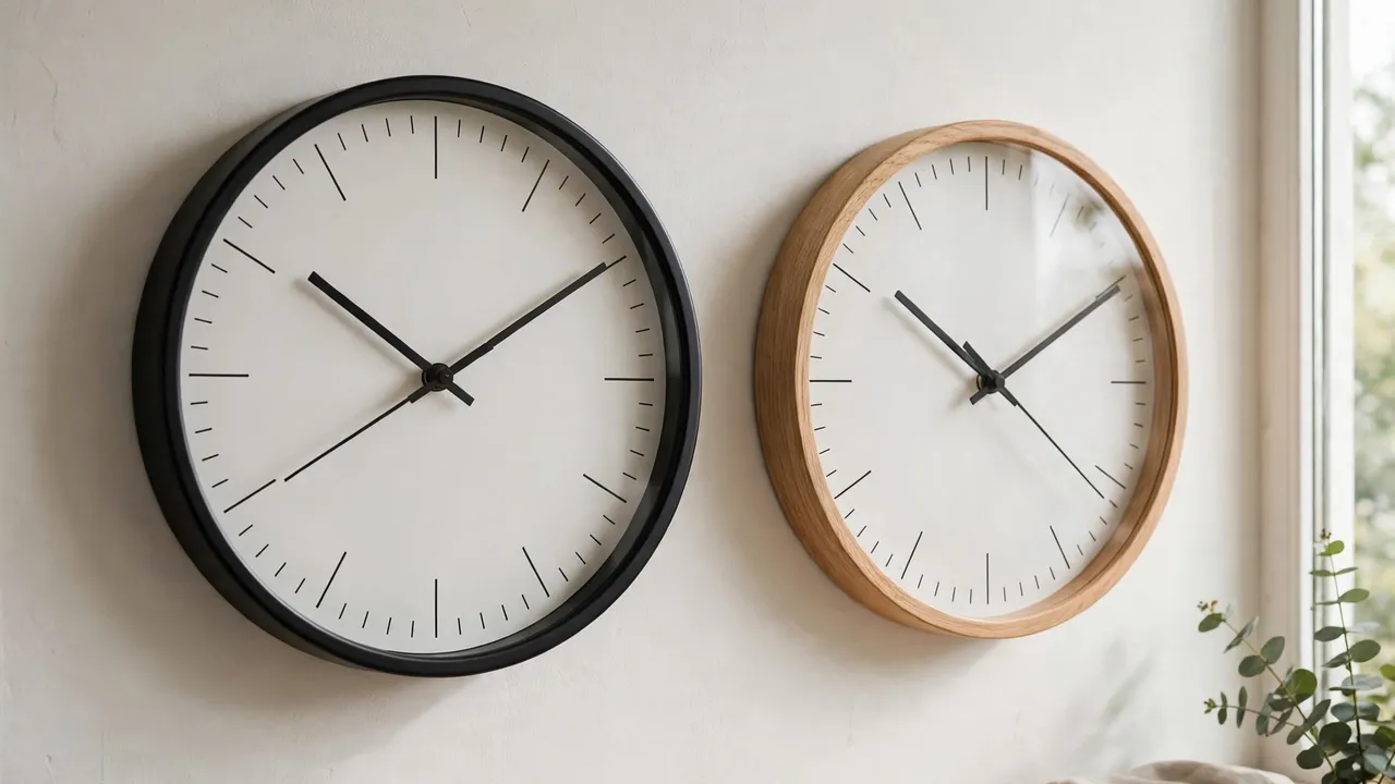 Two wall clocks side by side showing different times