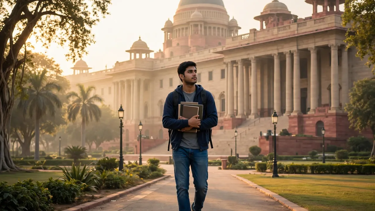 A young aspirant carrying books toward a government building in New Delhi at sunrise