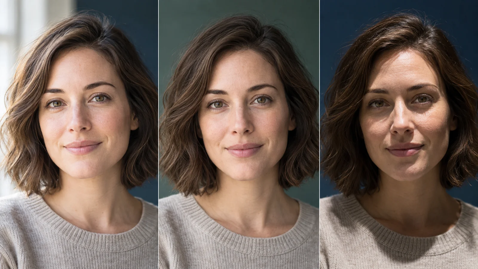 The same adult face shown under bright, diffused and overhead lighting.