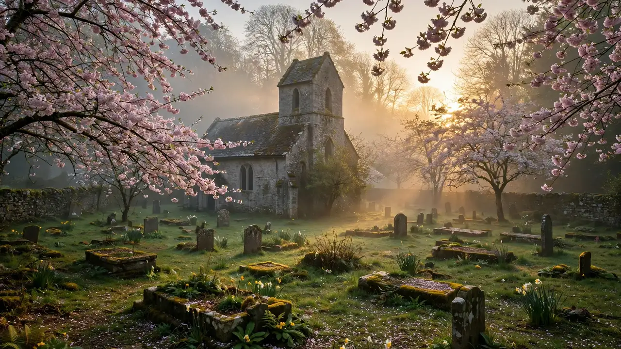 Spring sunrise over a churchyard with blossoming trees and morning mist