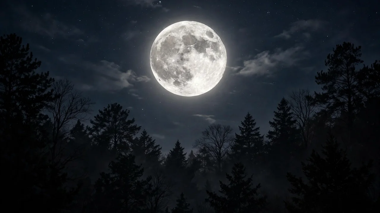 Photograph of a bright full moon in a dark night sky above silhouetted trees