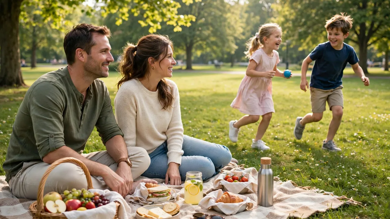 A family enjoying a Saturday picnic in a sunny park