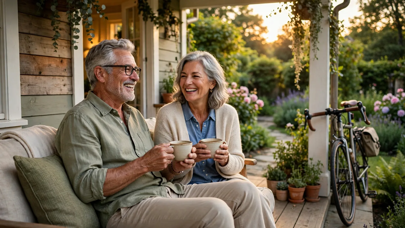 Photograph of a retired couple drinking coffee on their garden porch at golden hour, a bicycle beside them