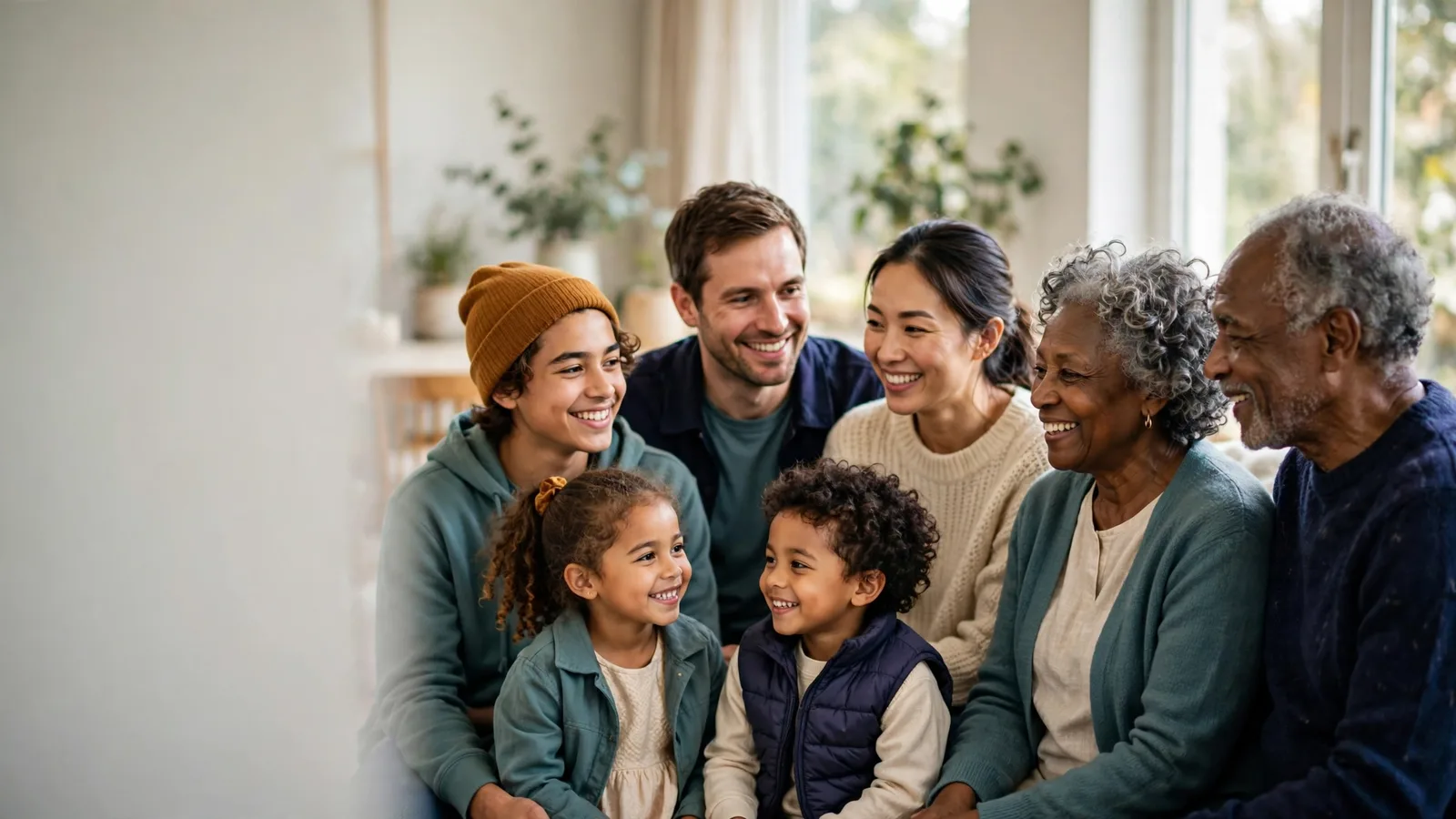 Photograph of a multi-generational group — young children, a teenager, parents and grandparents — whose individual ages average out across the group