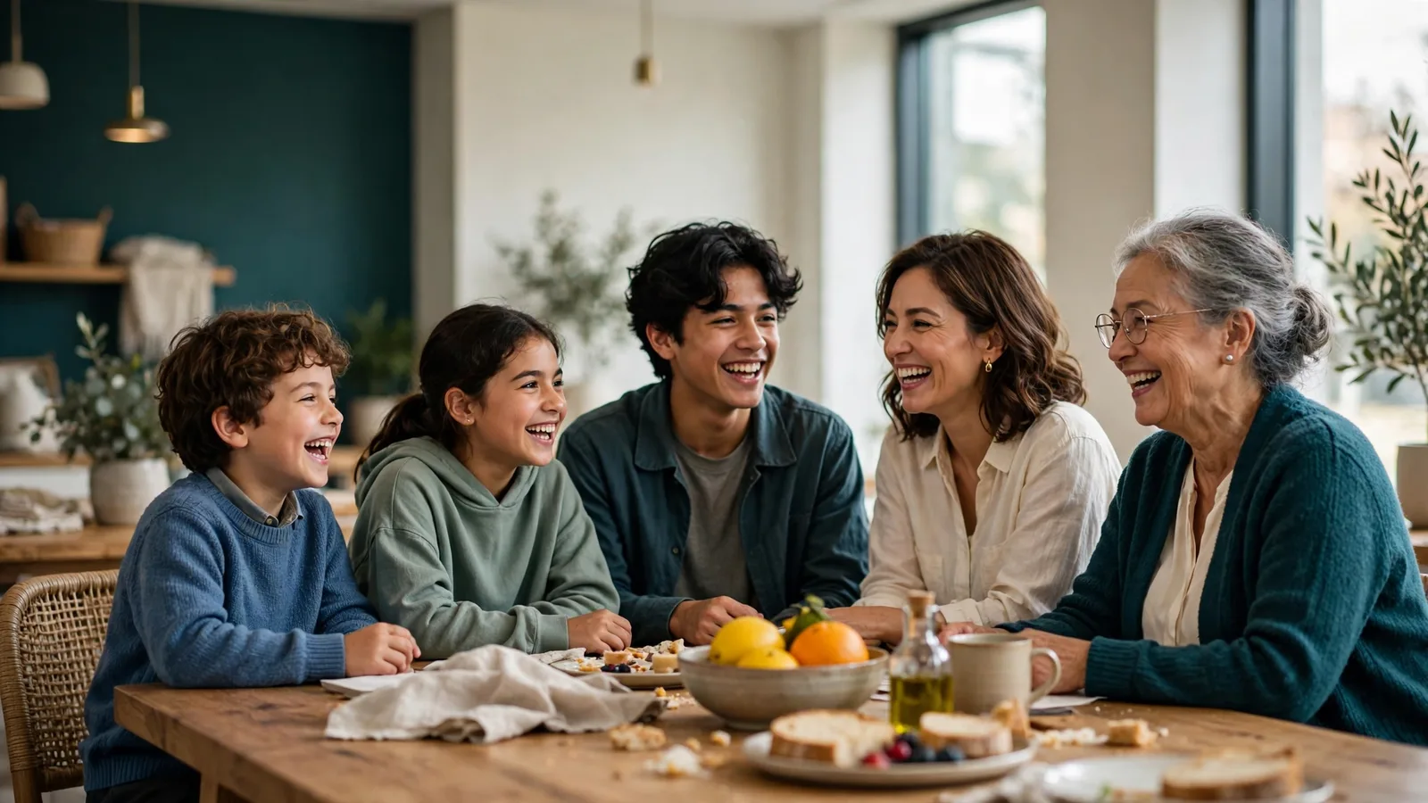 Photograph of a group of different ages — two children, a young man, a mother and a grandmother — laughing together around a table