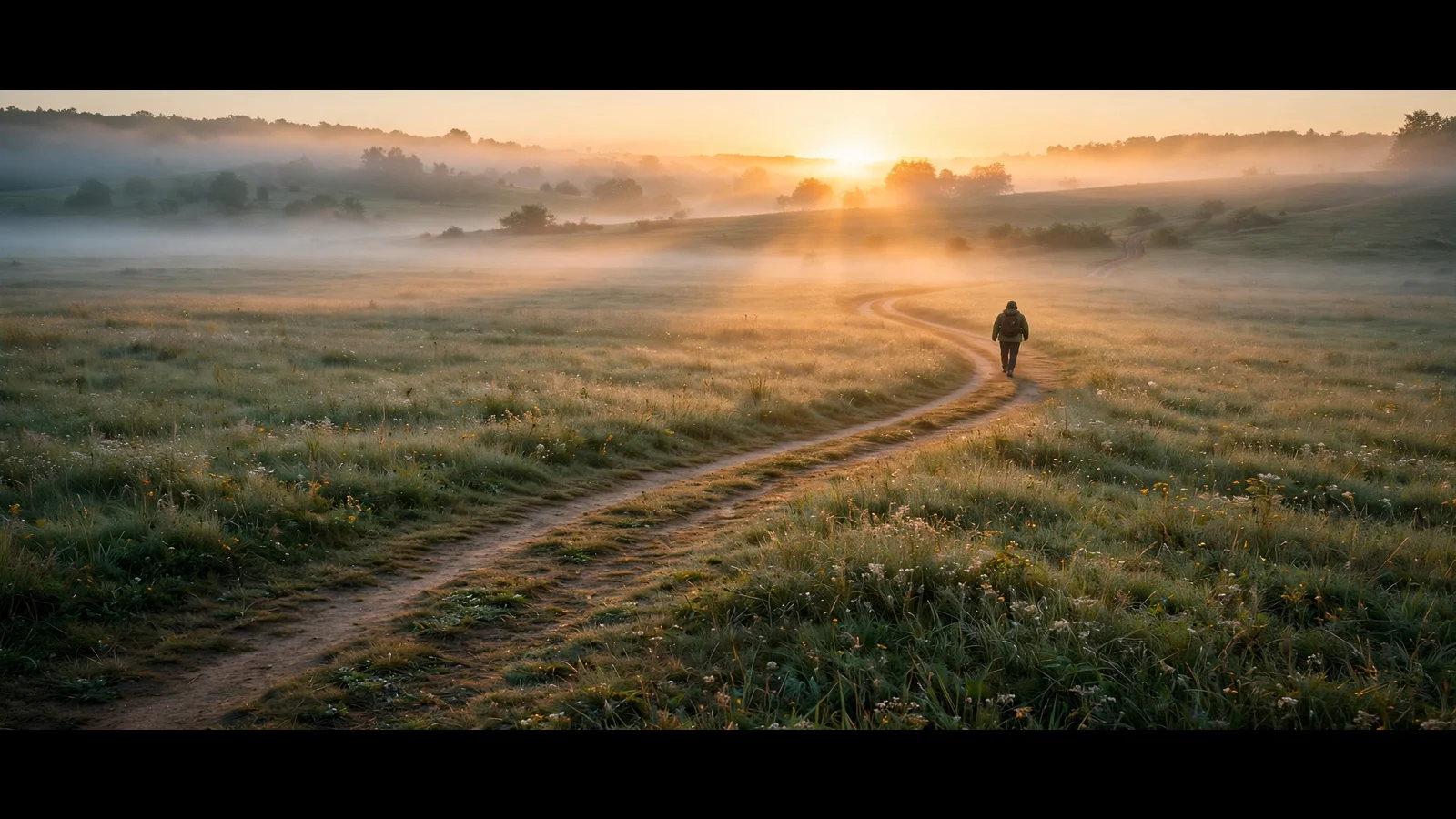 Photograph of a lone person walking along a winding path through misty meadows toward a golden sunrise