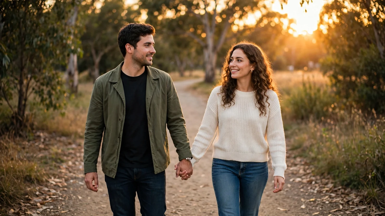 Couple walking together holding hands in warm golden light