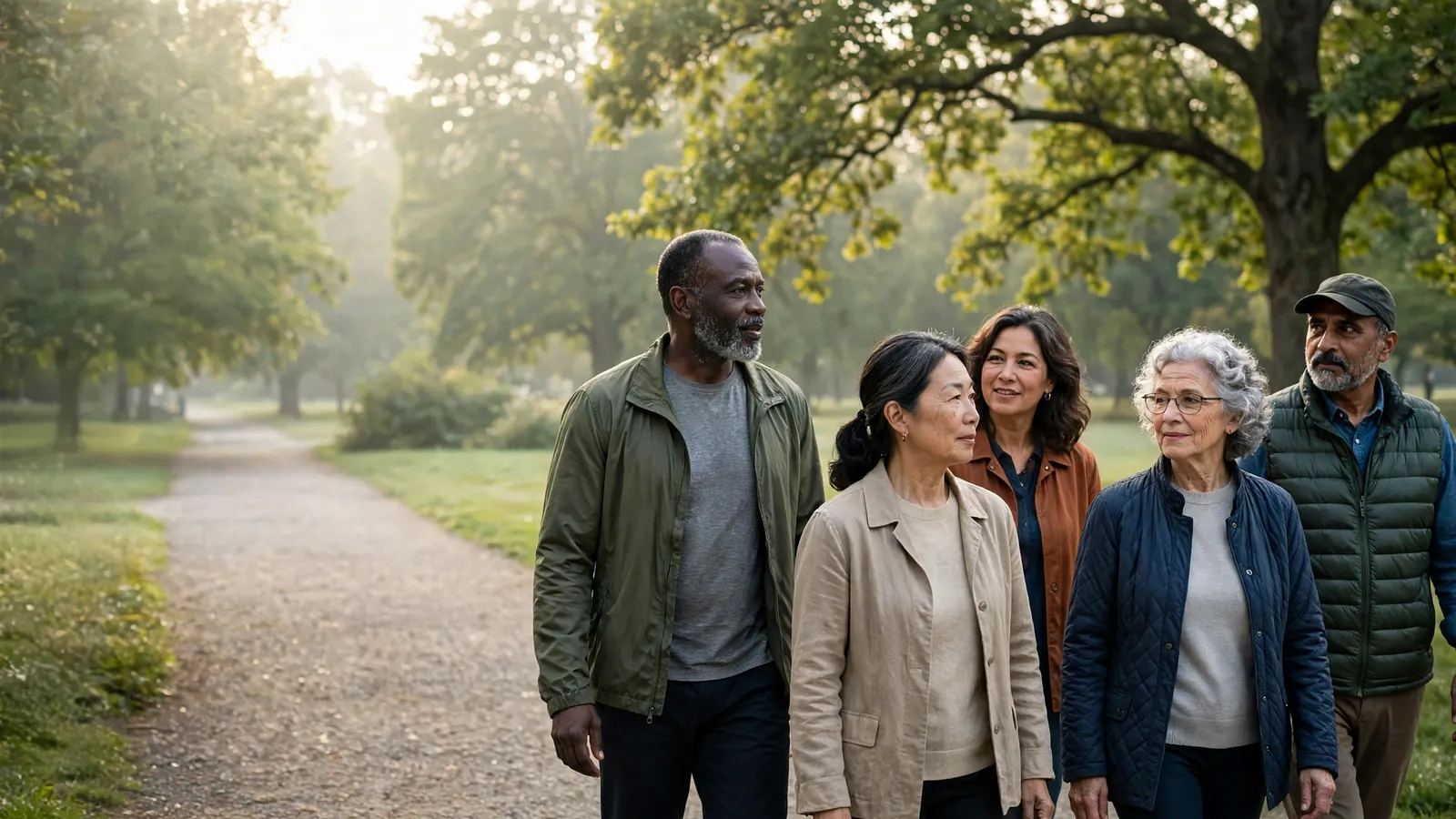 Adults of different ages walking through a garden