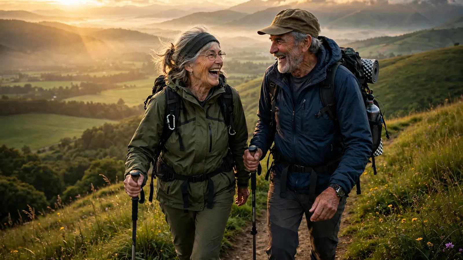 Photograph of an elderly couple hiking a green hill trail at sunrise, carrying backpacks and trekking poles
