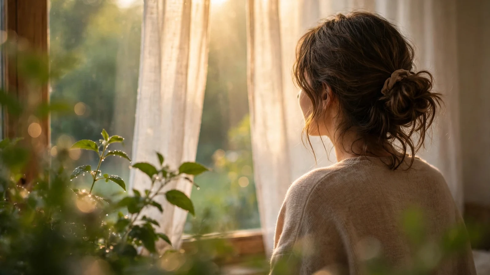Soft natural-light photograph of a woman resting with a warm cup, evoking quiet cycle tracking
