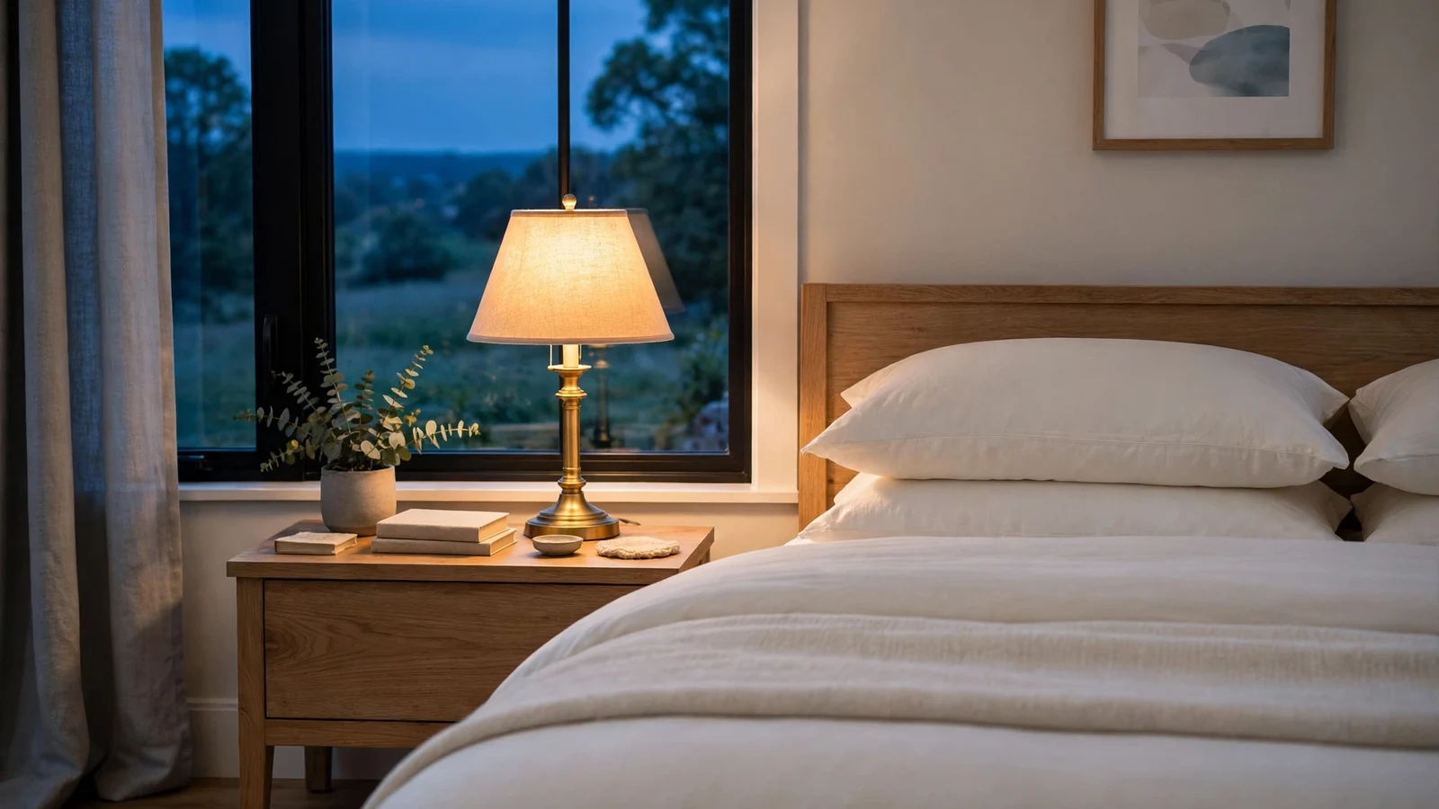 Peaceful bedroom at dusk with a warm glowing bedside lamp