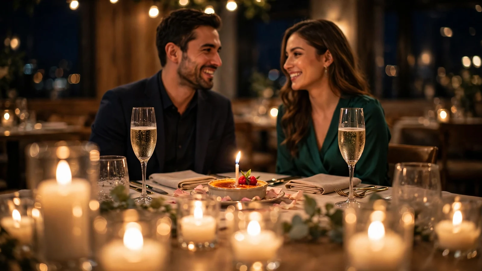 Photograph of a couple celebrating a wedding anniversary over a candle-lit dinner with champagne